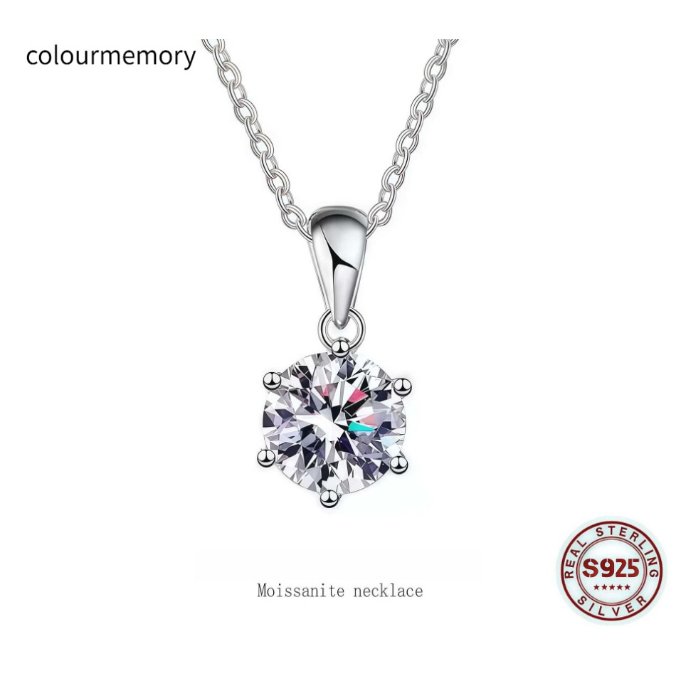 S925 Sterling Silver D Color VVS1 Moissanite Pendant Necklace, 0.5-5CT Round Cut, 6-Prong Solitaire, With GRA Certificate-image-1106196308