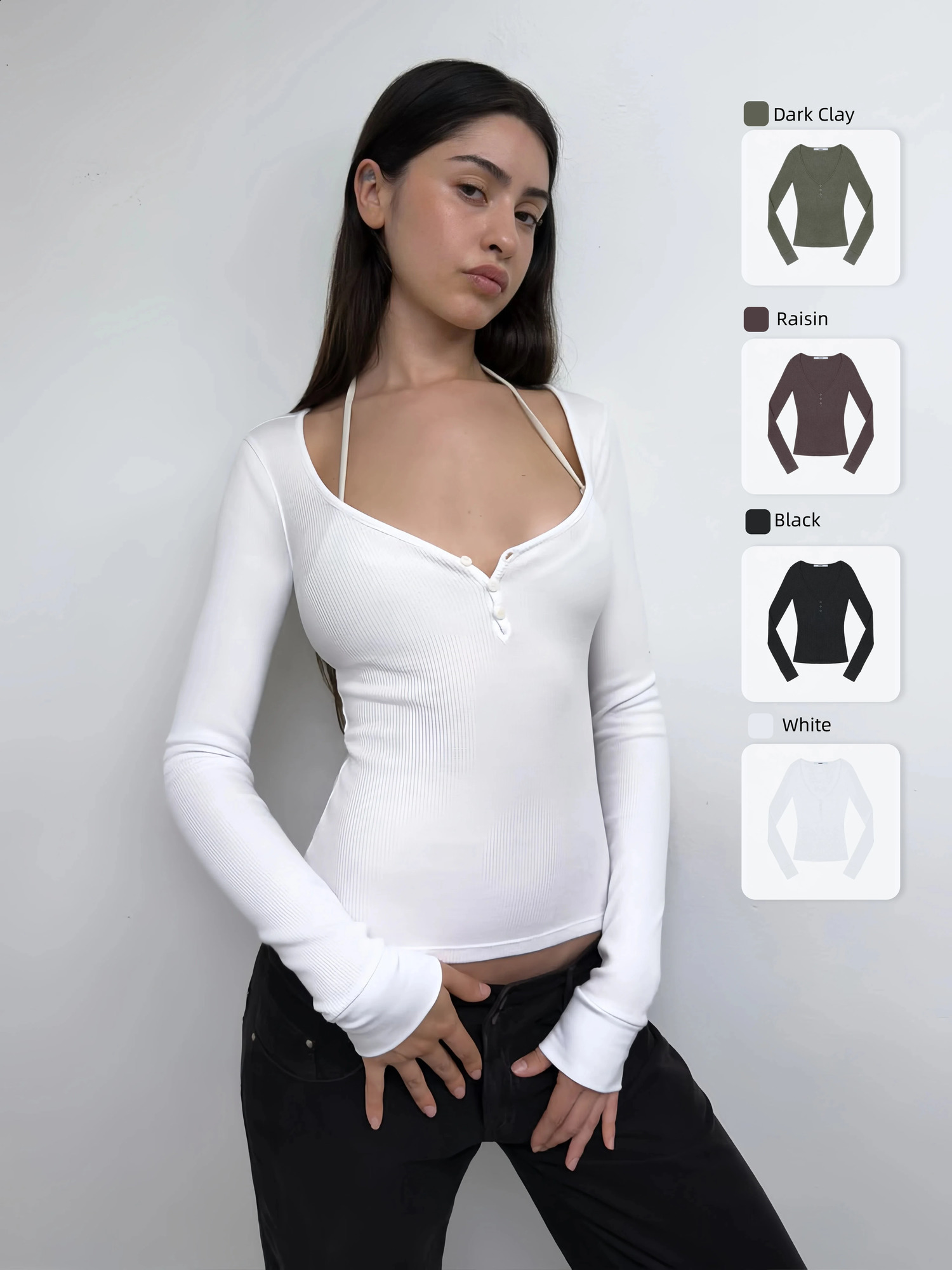 Tank Purple and Green Waffle Pattern Deep V-Neck Henley Shirt Black and White Solid Color Slim Fit Long Sleeve Top 260515BJ