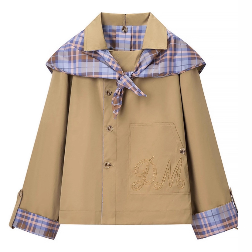 Designer New foreign trade women's clothing, vintage casual patchwork plaid reversible jacket with embroidered navy collar, trendy
