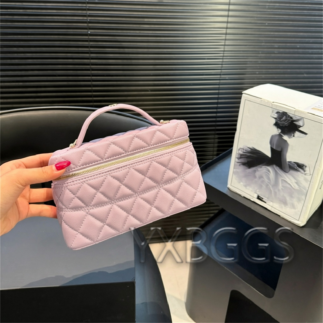 Quilted Cosmetic Bag with Top Handle Chain Strap, Pink Vanity Box Crossbody Purse for Women Daily Use