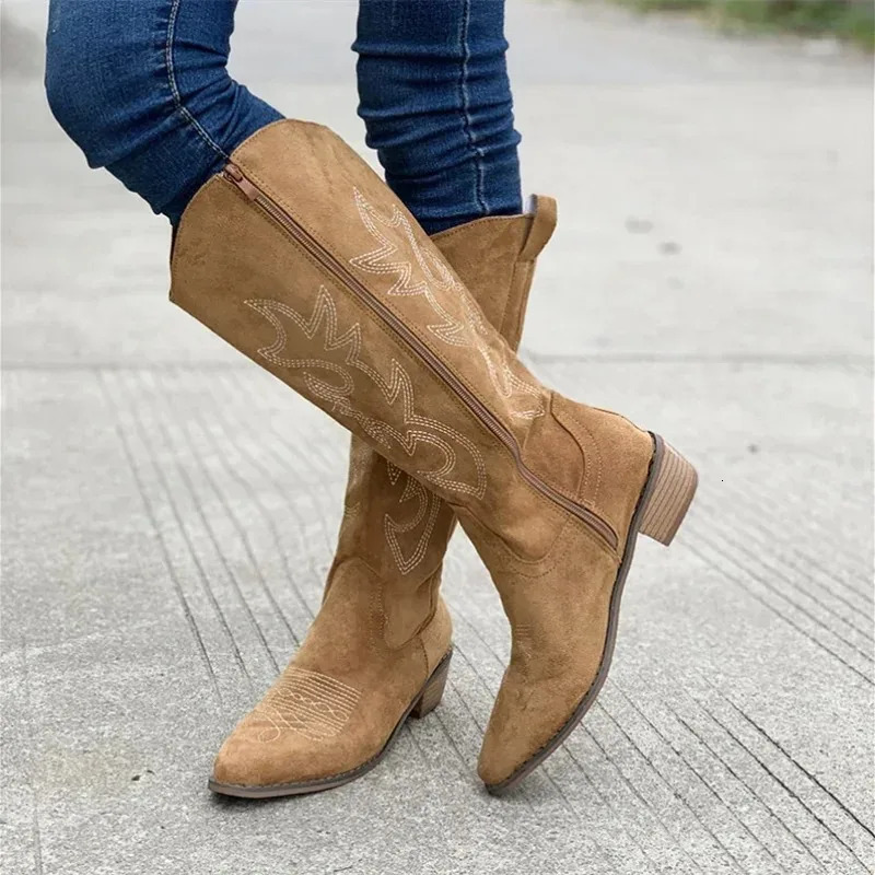 for Cowboy Boots Embroidered Women Western Autumn Pointed Toe Tick eel ig Knee Boots Woman Loose PU Leater Long Botas Mujer 260515 M260805