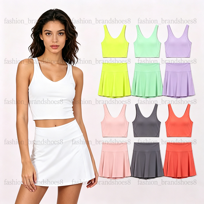 2 PCS Gym Sets Womens Sports Tennis Skirts Yoga Set U-neck Vest Workout Clothes Fitness Tank Top Running Sportswear High Waist Size S-3XL-image-1106150344