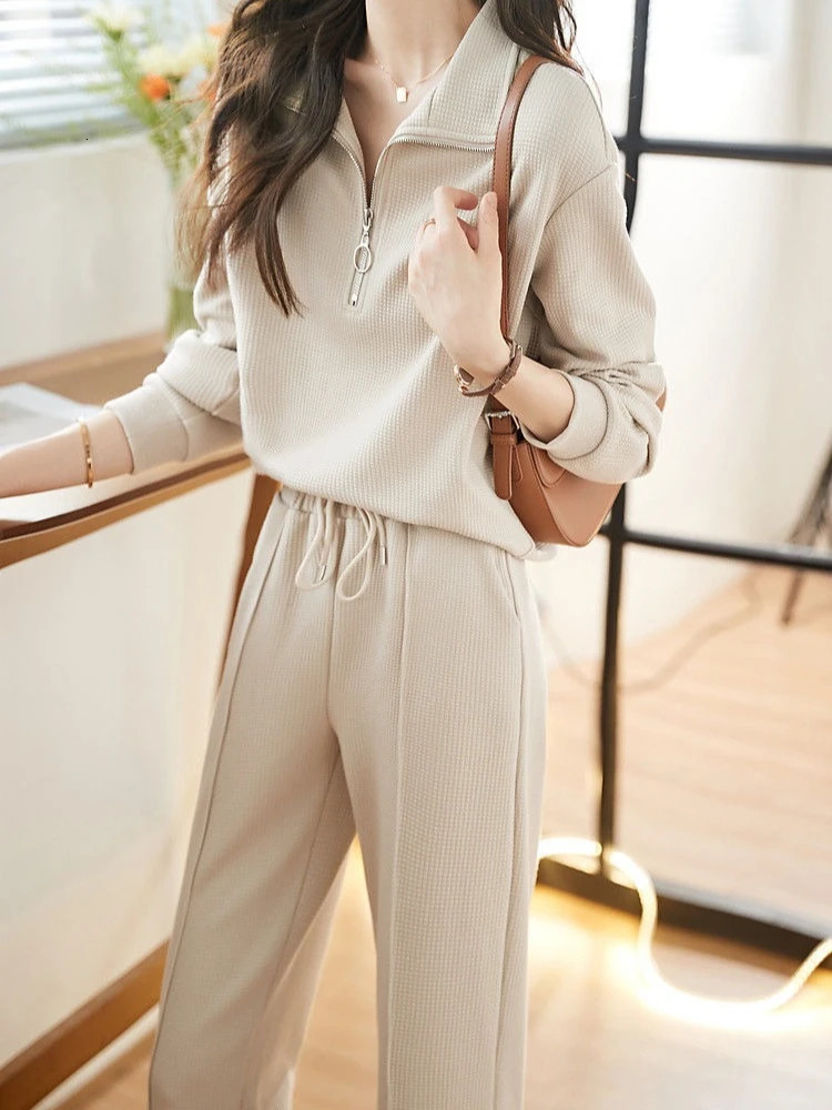 Casual Sportswear Twopiece Womens Clothing Autumn and Winter Simple Lapel Sweater Elastic Waist Trousers Suit 260514 63