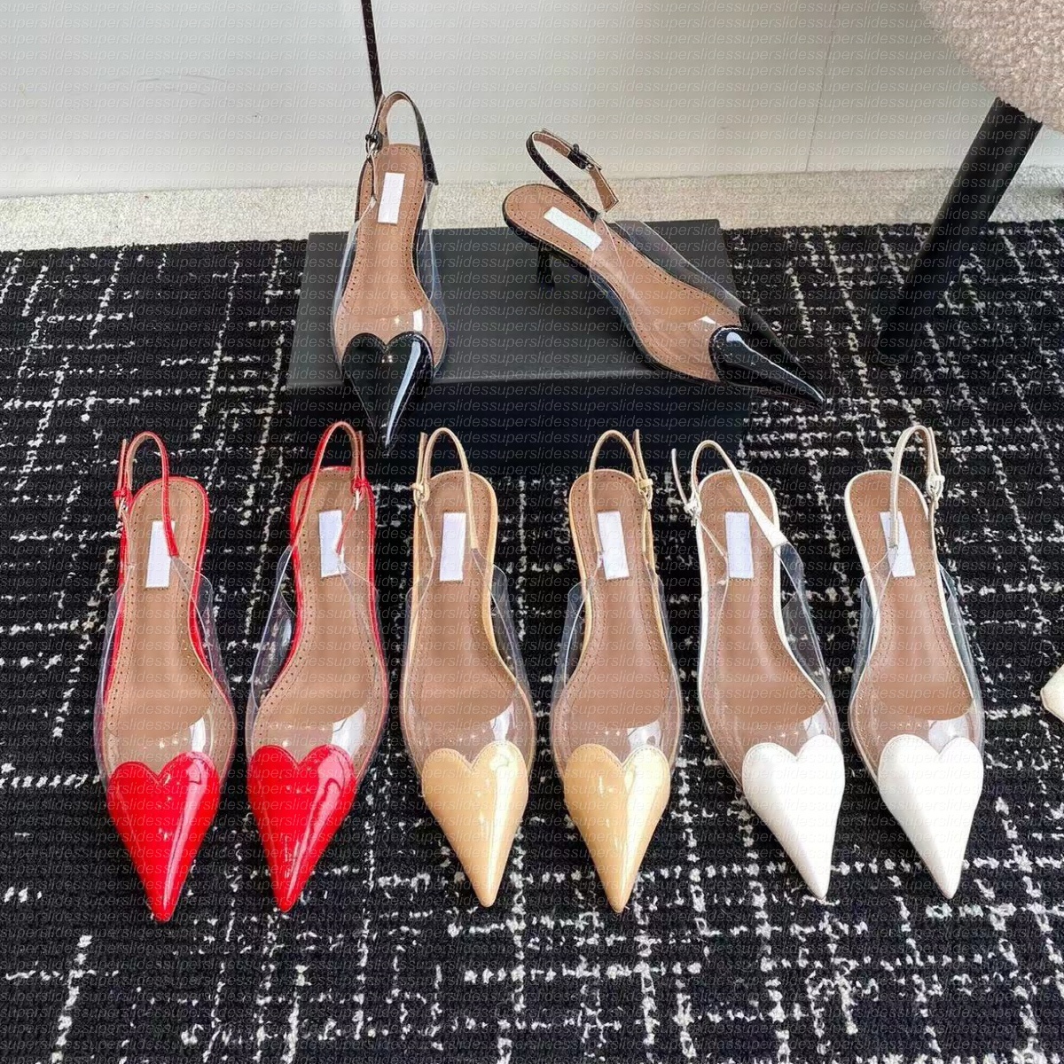 Dress Shoes Elegant Pointed Toe Transparent PVC Heart High Heels Mules Slipper Women Black White Love Heels Heart Patent Calfskin Pointed Toes Glitt