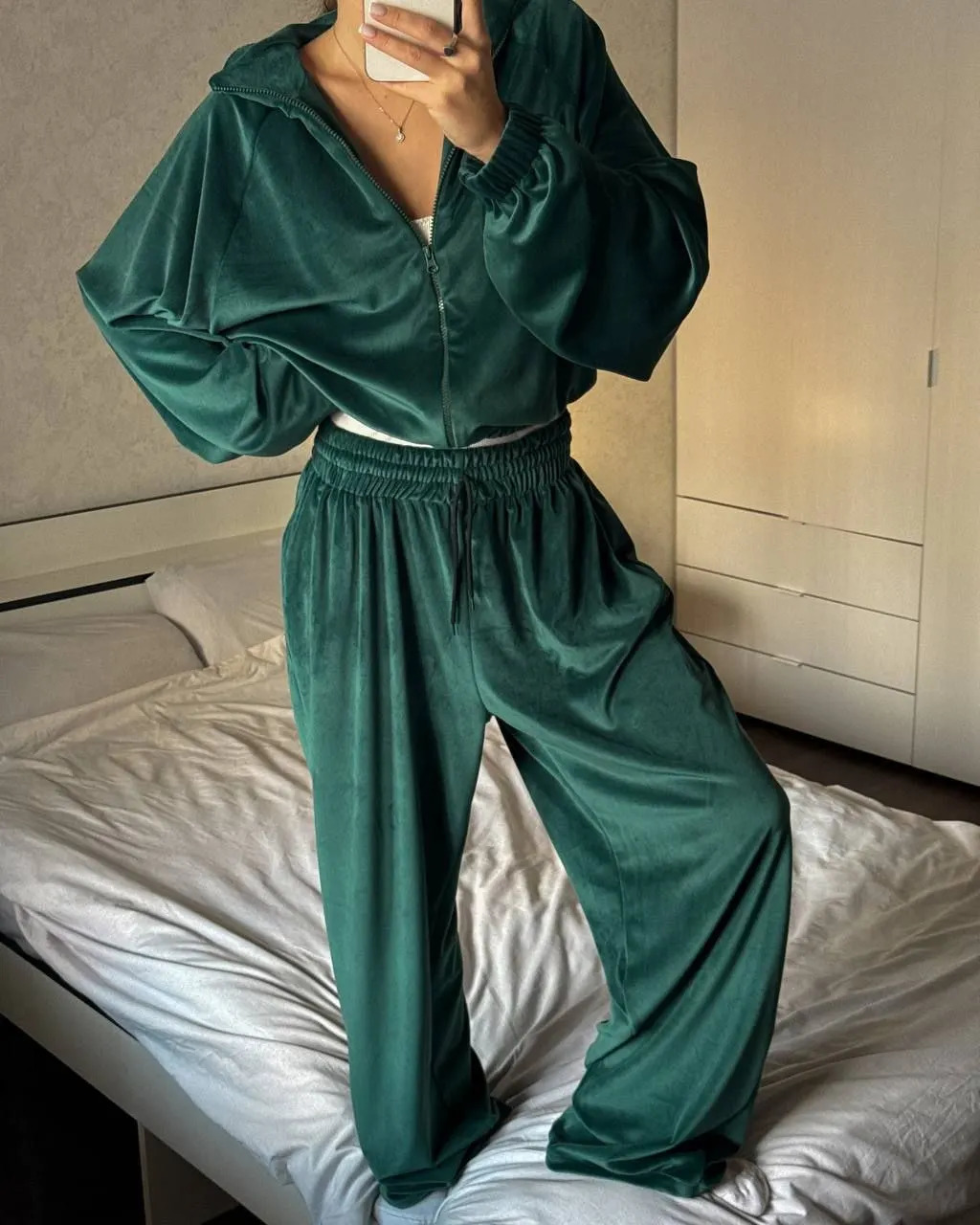 Solid Color Velvet Pants Fashion Zipper Hoodie High Waist Drawstring Trousers Two Piece Set Female Autumn Winter 260514