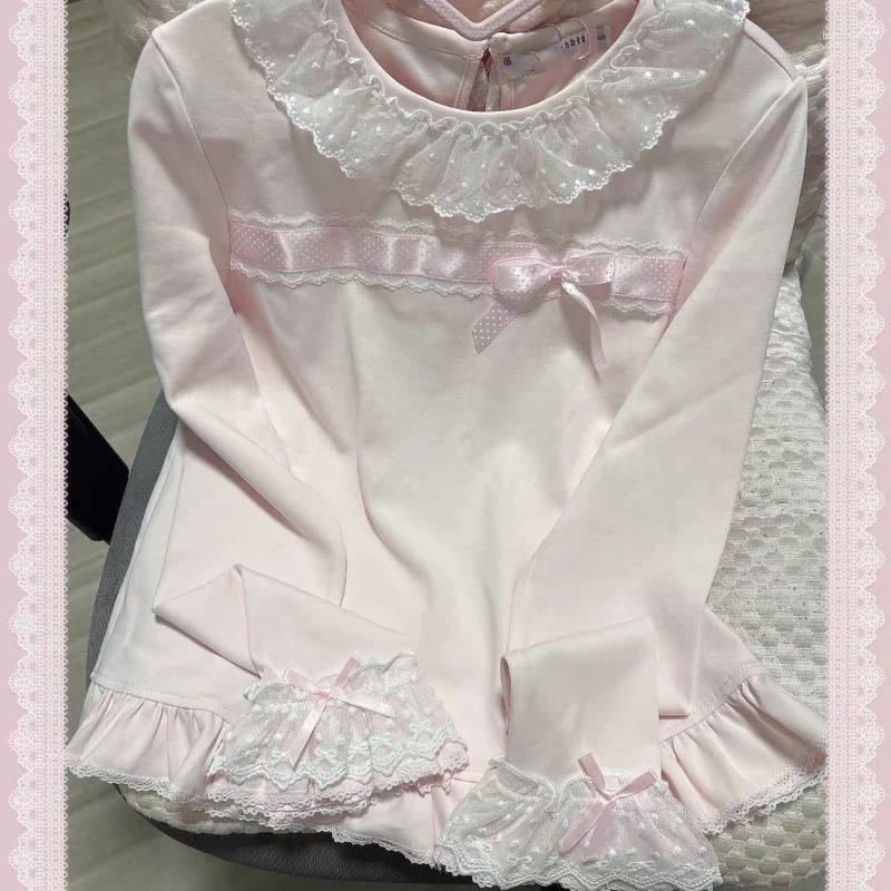 Women's Blouses Japanese Kawaii Lolita Style Women Sweet Bow Lace Ruffles O neck Long Sleeve Tees Girls Casual Princess Shirt Tops e3