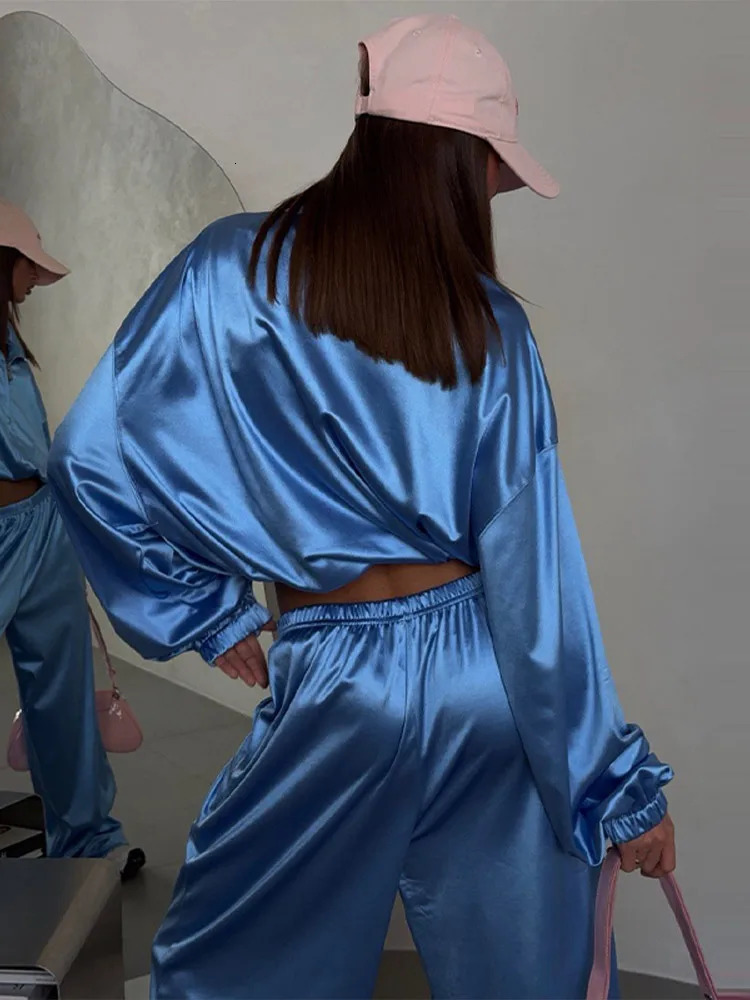 Solid Color Loose Jacket Long Pants Lady Set Lapel Zipper Sleeve Coats High Waist Trousers Casual Street Womens Sets 260514