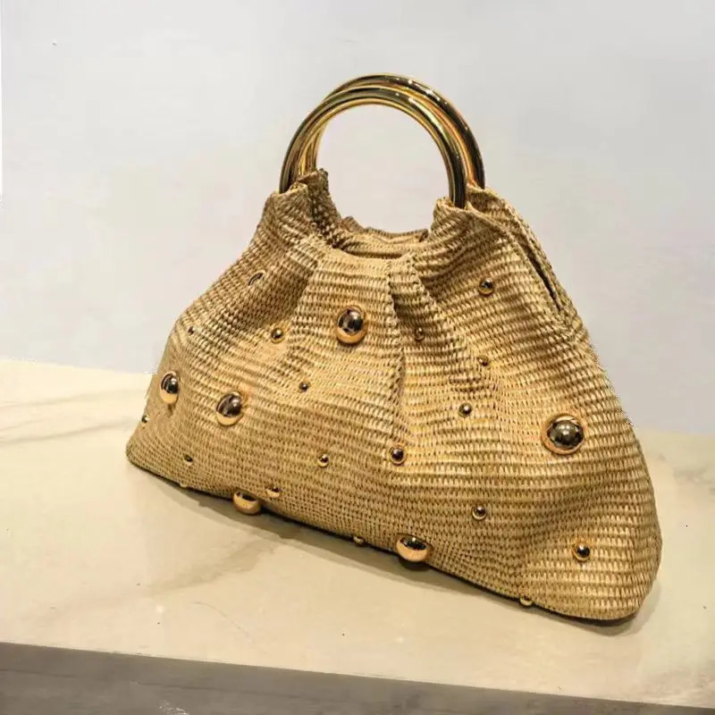 Boho Beaded Straw Handbag Elegant Circle Handle Clutch Purse Summer Beach Woven Tote Womens Rattan Evening Bag For Wedding Bag 260514BJ