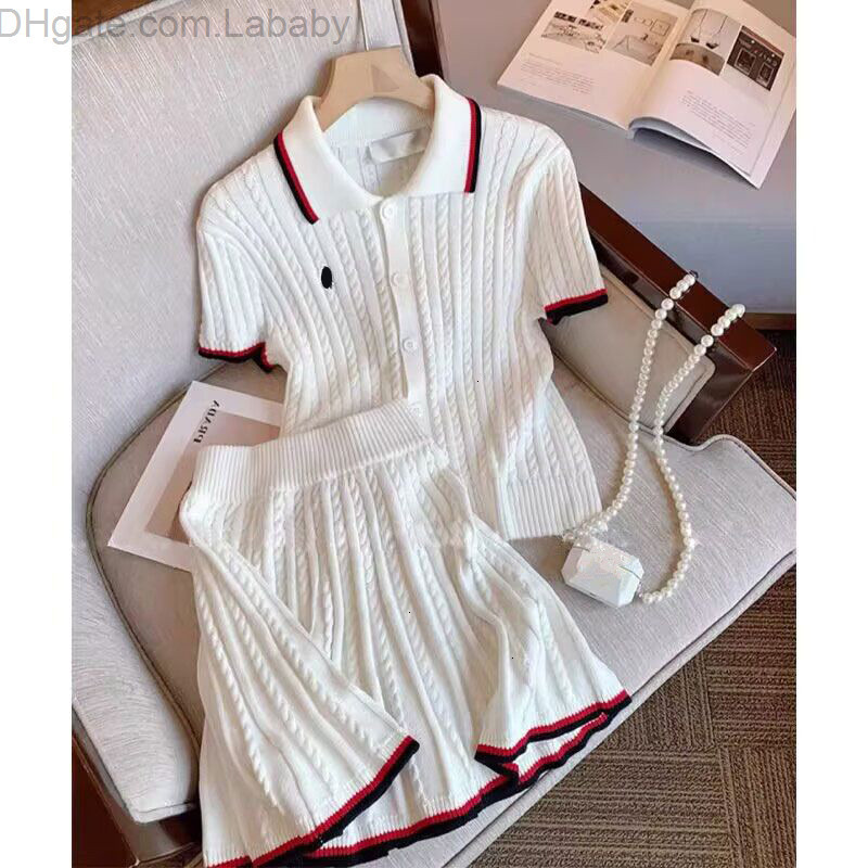 Ensemble de jupe de créateur tricoté pour femmes, robe deux pièces de Style académique, col Polo, manches courtes, pull en tricot, taille haute,