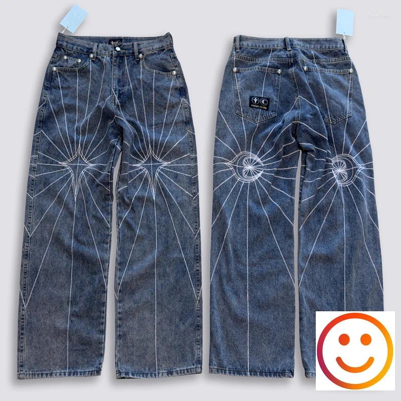 Men's Jeans Blue Thug Club Embroidery Spider Web Pattern Men Women High Quality Vertical Loose Fit Wide Leg Denim Pants Trousers