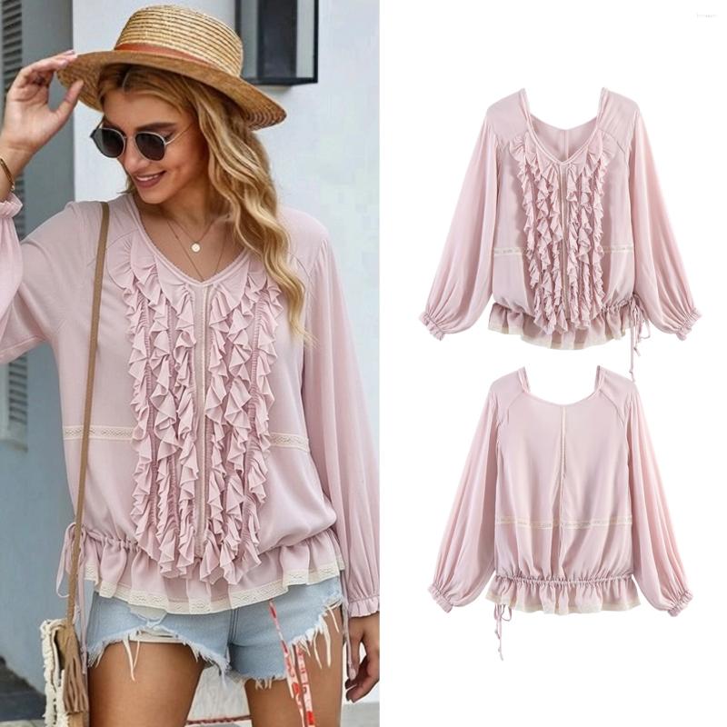 Women's Blouses Pink V Neck Loose Ruffle Spring Female Chic Lace Layered Elegant Casual Pullover Lady Holiday Beach Tops 00