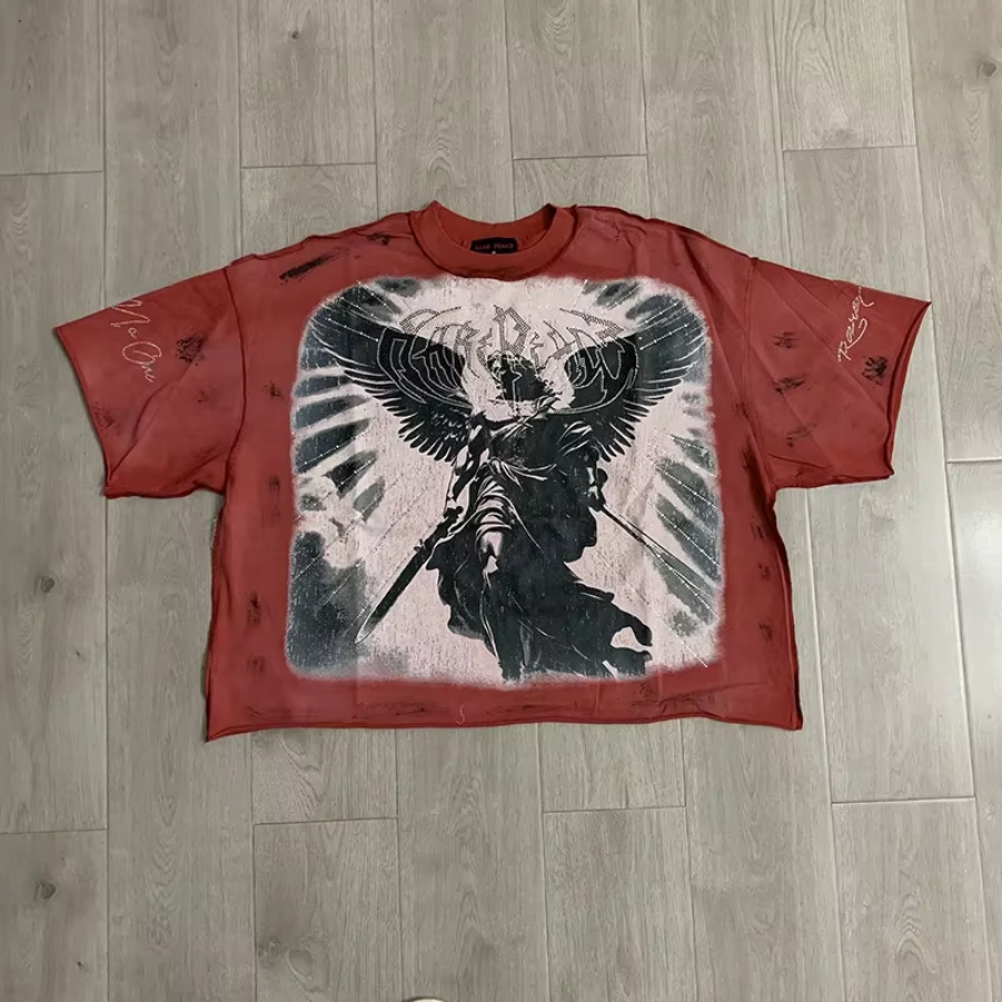 26SS T-Shirt Heavy Cotton Short But Wide Tee Washed Red Graffiti T Shirt Tops Tags