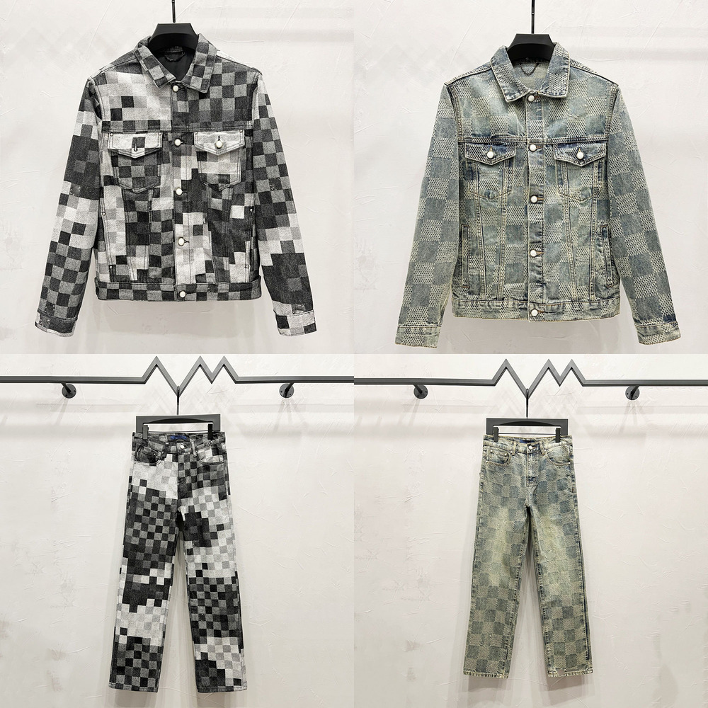 Luxury Designer Checkered Denim Jacket, Men Full Letter Mosaic Embroidery lvs vouitons CoatRetro High Street Hip Hop Casual Outerwear 52