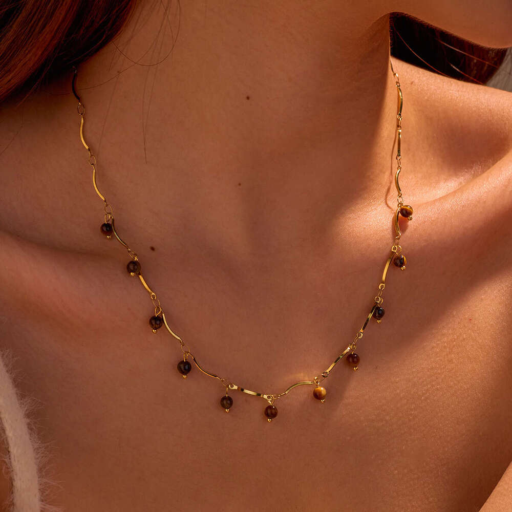 European And American Style Tiger Eye Stone Tassel Pendant Titanium Clavicle Chain Stainless Steel Necklace For Women-image-1106356029