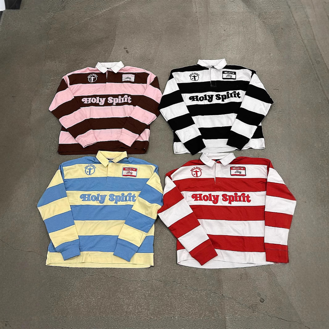 Polo da rugby a righe ricamate dello Spirito Santo di design, felpa a maniche lunghe americana retrò streetwear, unisex, per uomo e donna