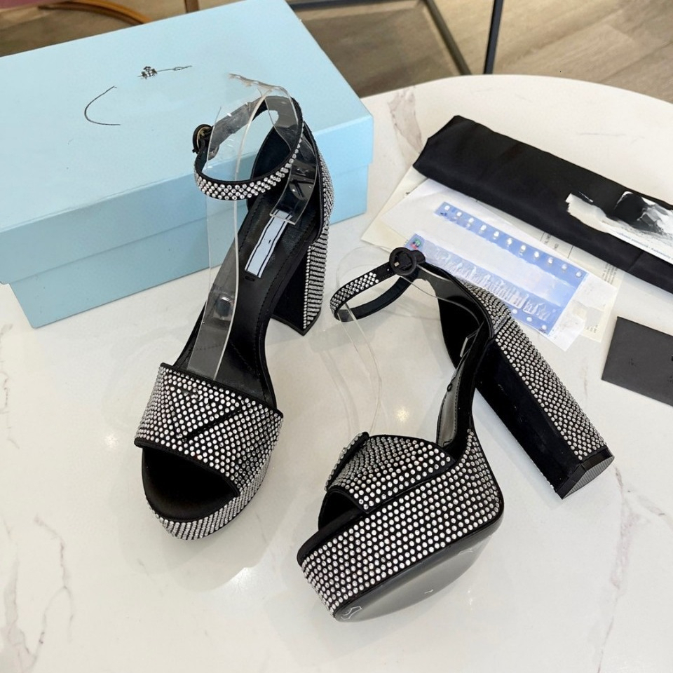 fashion New Designer European and American New Rhinestone Triangle Buckle Ultra High Heel Waterproof Platform Fashion Multi functional Thick Heel Wo