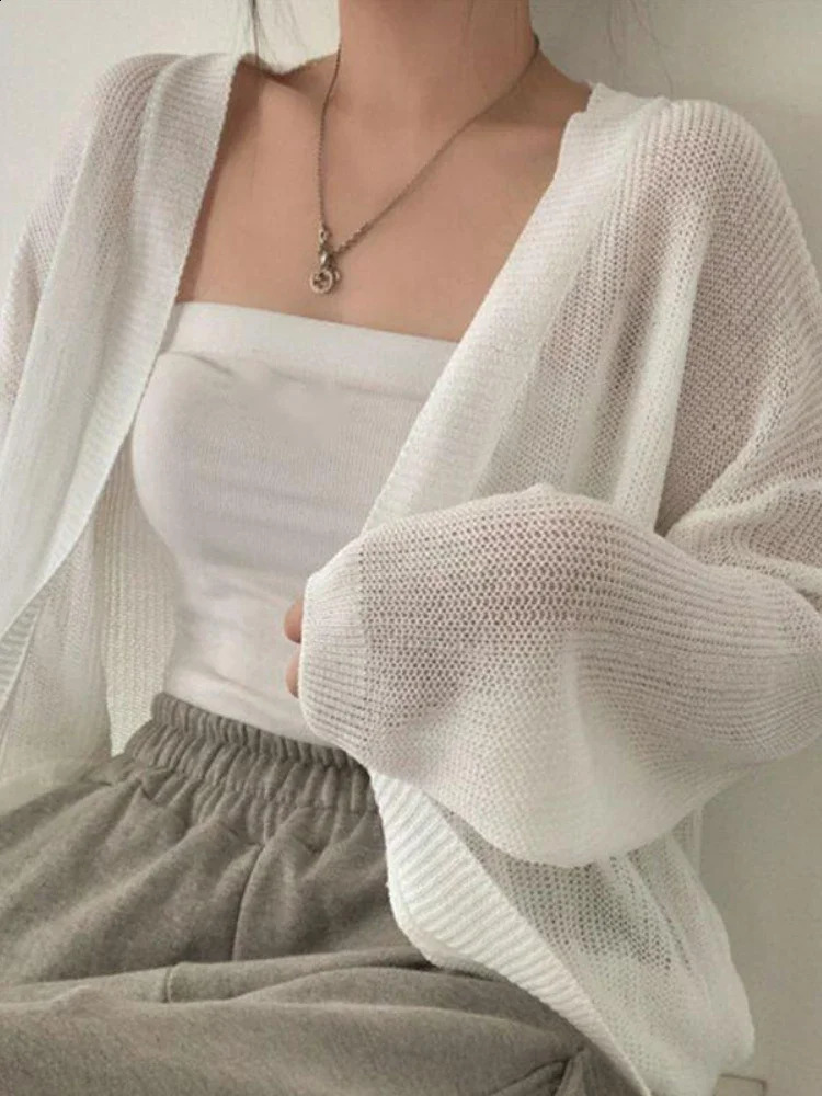 2026 Thin White Cardigan Summer Women Sunscreen Lace-up Knitwear Tops Lady Korean Style Casual Long Sleeve Sun Protected Top 260516BJ