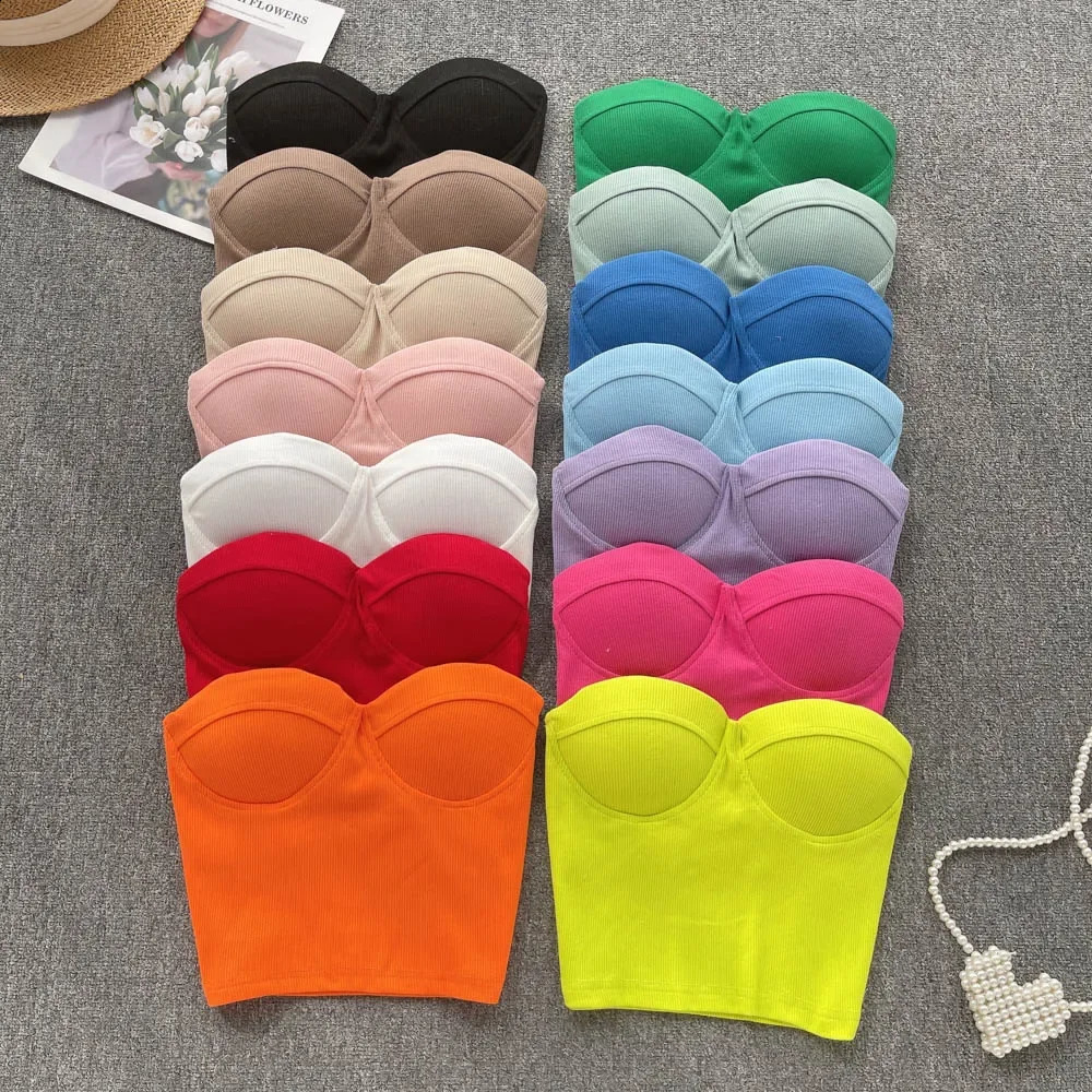 Strapless Western Style Skinny Tanks Camis for Women Summer Casual Solid Colours Female Corset Crop Tube Tops with Built In Bras 260515BJ