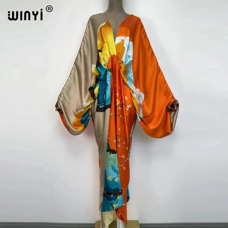 Sexy bech high-quality hand-rolled feel silk rayon fashion print WINYI Maxi womens robes long beach V-neck Bohemian dress 260516BJ