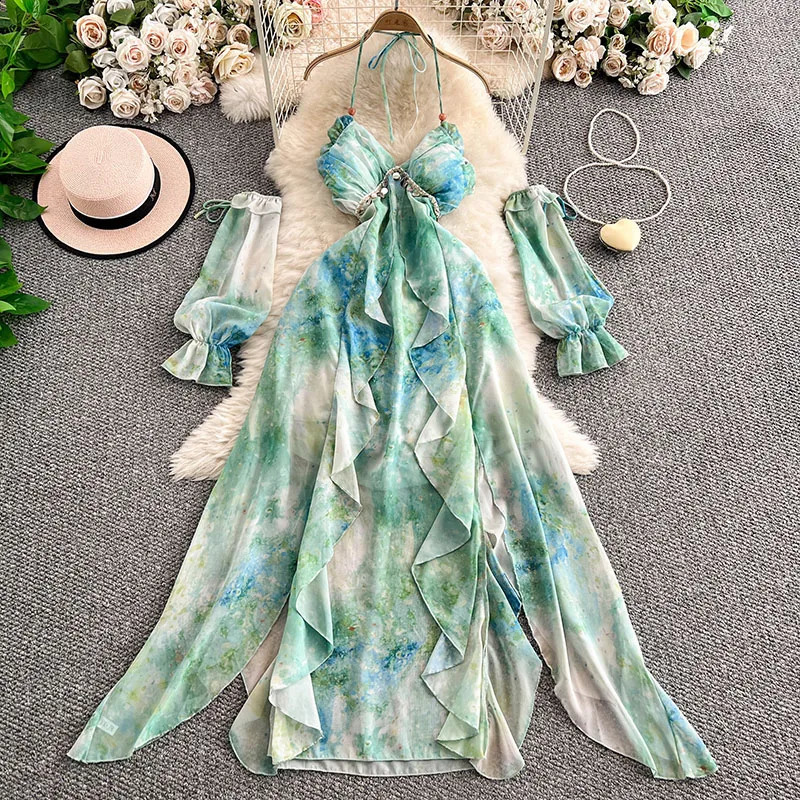 Summer Beach Vacation Chiffon Dress Womens Fashionable Sexy Backless Ruffle Edge Hanging Neck Suspender Dress S432 260516BJ