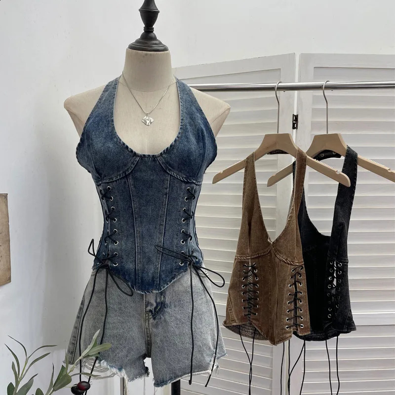 Top Women Vintage Denim Halter Neck Cropped Tank Punk Cut Out Lace Up Front Y2K Spicy Girl Style For Party Sexy Tshirt835 260507