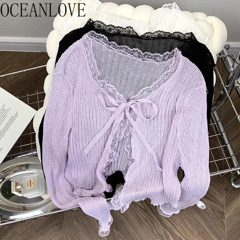OCEANLOVE Thin Short Cardigans Solid Lace Ruffles Spring Summer Women Sweaters Transparent Korean Fashion Sweet Chaquetas 260516BJ