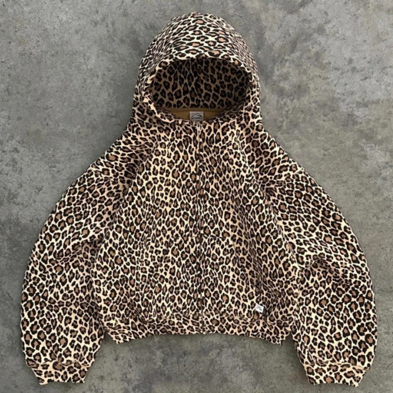 Hoodie Men Women Y2K Leopard Print Zip Up Hoodie Unisex Strtwear Hip Hop Camo Style Sweatshirt Jacket S260519
