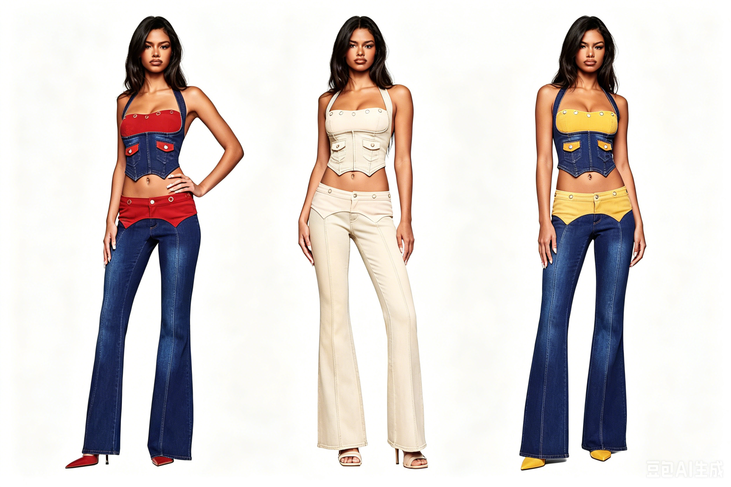 i am gia set Style Denim Corset Ensemble deux pièces Haut licou Pantalon évasé taille basse avec panneaux en velours côtelé