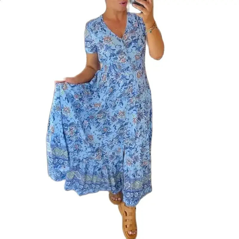 Elegant Women Flower Print Deep V Neck Dresses Elastic Waist Splice Pleated Hem Dress Female Single-breasted Cardigan Gown 260516BJ