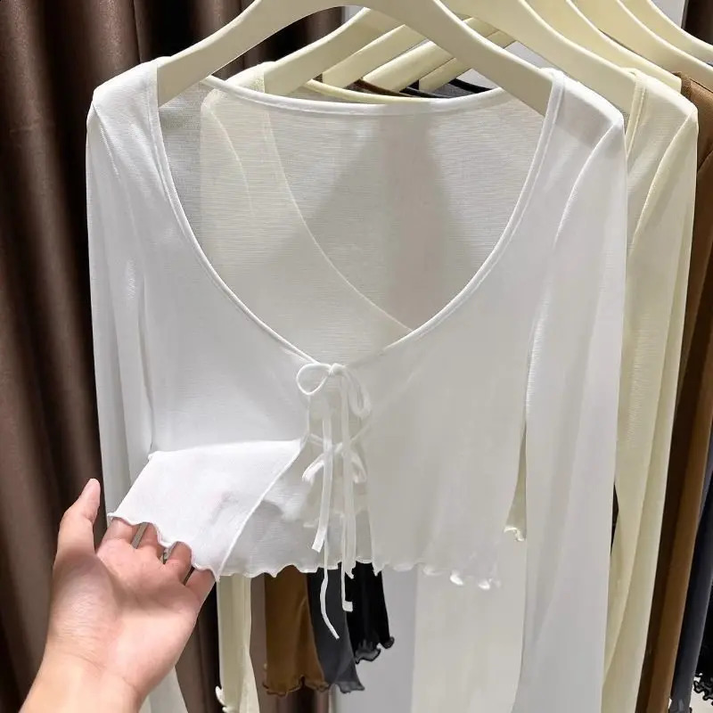 1pcs Summer Short Ice Silk Sun Protection Cardigan Women Thin Tie Up Cardigan Match With Suspender Skirt Air-condition Cover Up 260516BJ