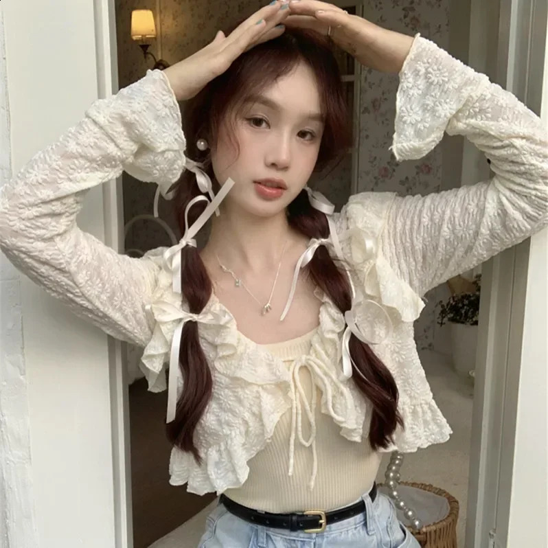 French Sweet Ruffles Women Thin Cardigan Summer Lace Patchwork Chiffon Cropped Top Fashion V Neck Lace Up Sun Protection Blouse 260516BJ
