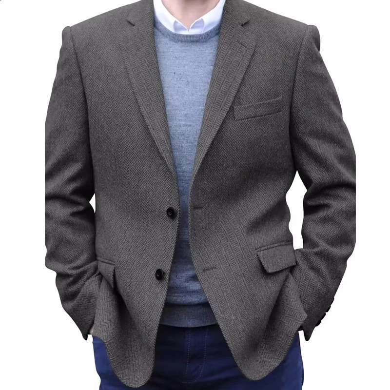 Premium Mens Suit Gray Blazer Prom Tuxedos Herringbone Tweed Single Breasted Formal Bussiness Jacket for Wedding Daily Wear 260515BANJIA