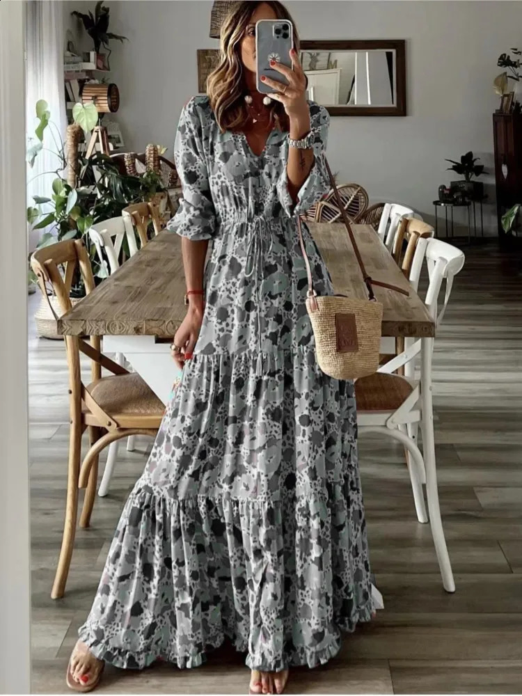 Womens Clothing Temperament Vacation Sexy V-neck Fashionable Printed Lace Up Seven Quarter Sleeve Large Swing Long Dress 260516BJ