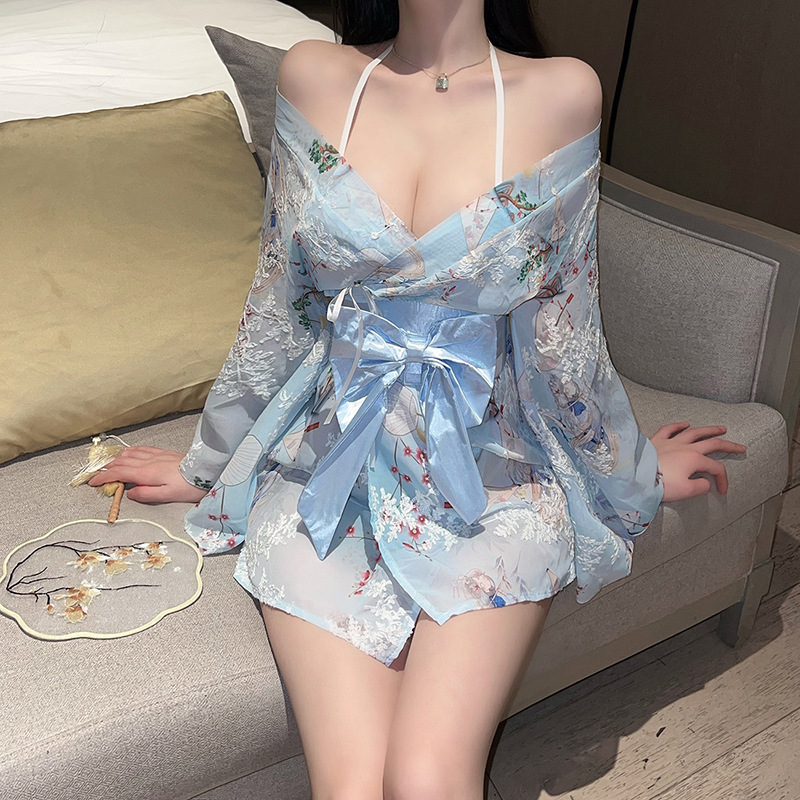 Ensemble de lingerie kimono floral grande taille, robe transparente de style japonais avec ceinture à nœud