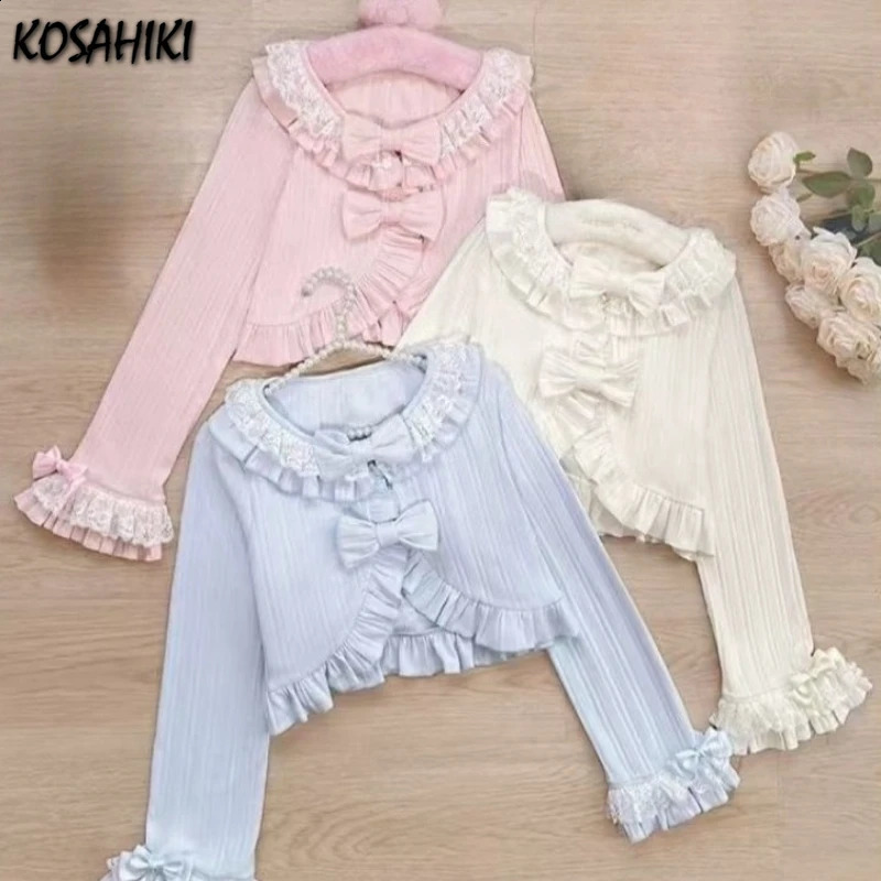 Japanese Women Knitted Sweet Bow Cardigan Sun Protection Lace Patchwork Lolita Crop Tops Y2k Aesthetic Flare Sleeve Grunge Coat 260516BJ