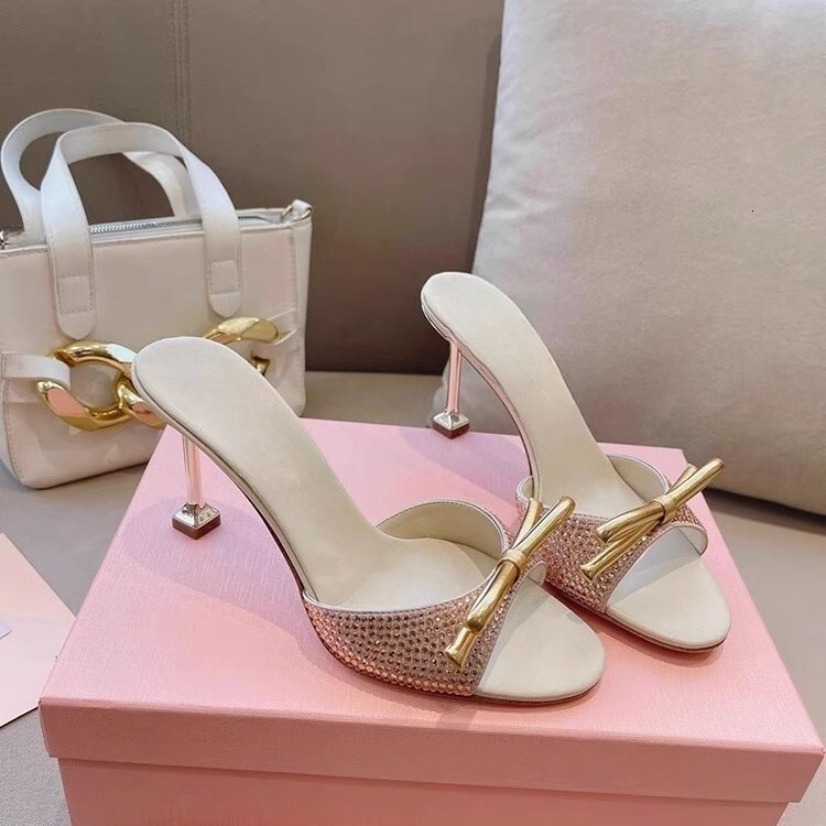 Womens Pink Rhinestone High Heel Mules With Gold Bow Detail Open Toe Stiletto Heel Sandals For Party And Wedding