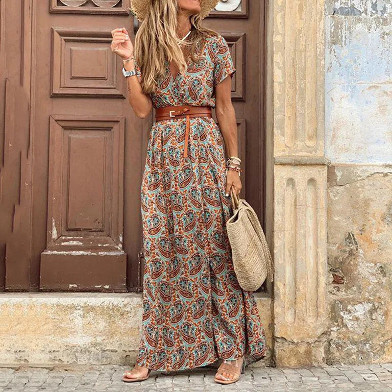Elegant Floral Pleated H shaped Midi Dress Female V Neck Puff Sleeve Waist Ruched Button Dresses Women Summer Dress Robe 260516BJ