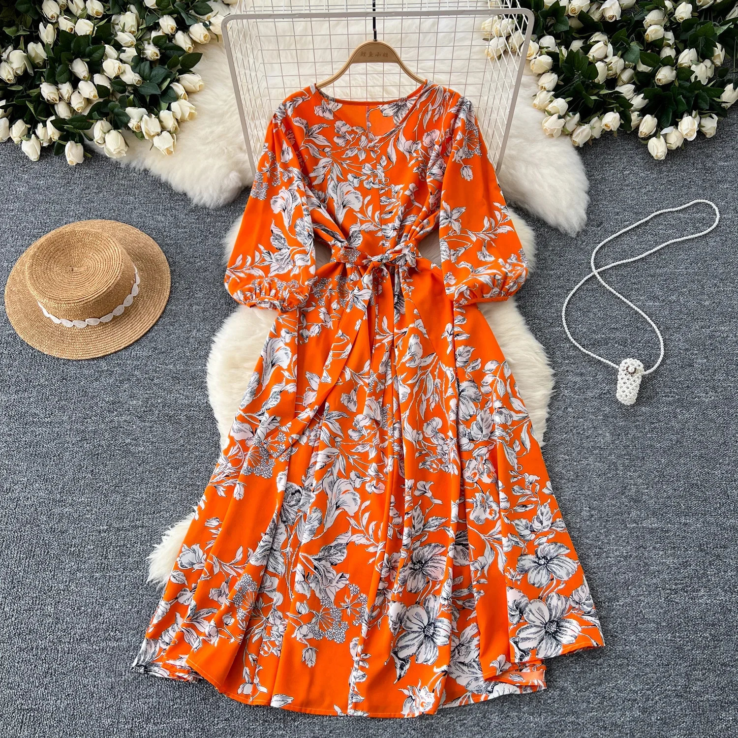 Elegant Boho Floral Print Floral Pleated Maxi Long Dress Female V Neck Puff Sleeve Belt Dresses Women Summer Dress Robe 260516BJ