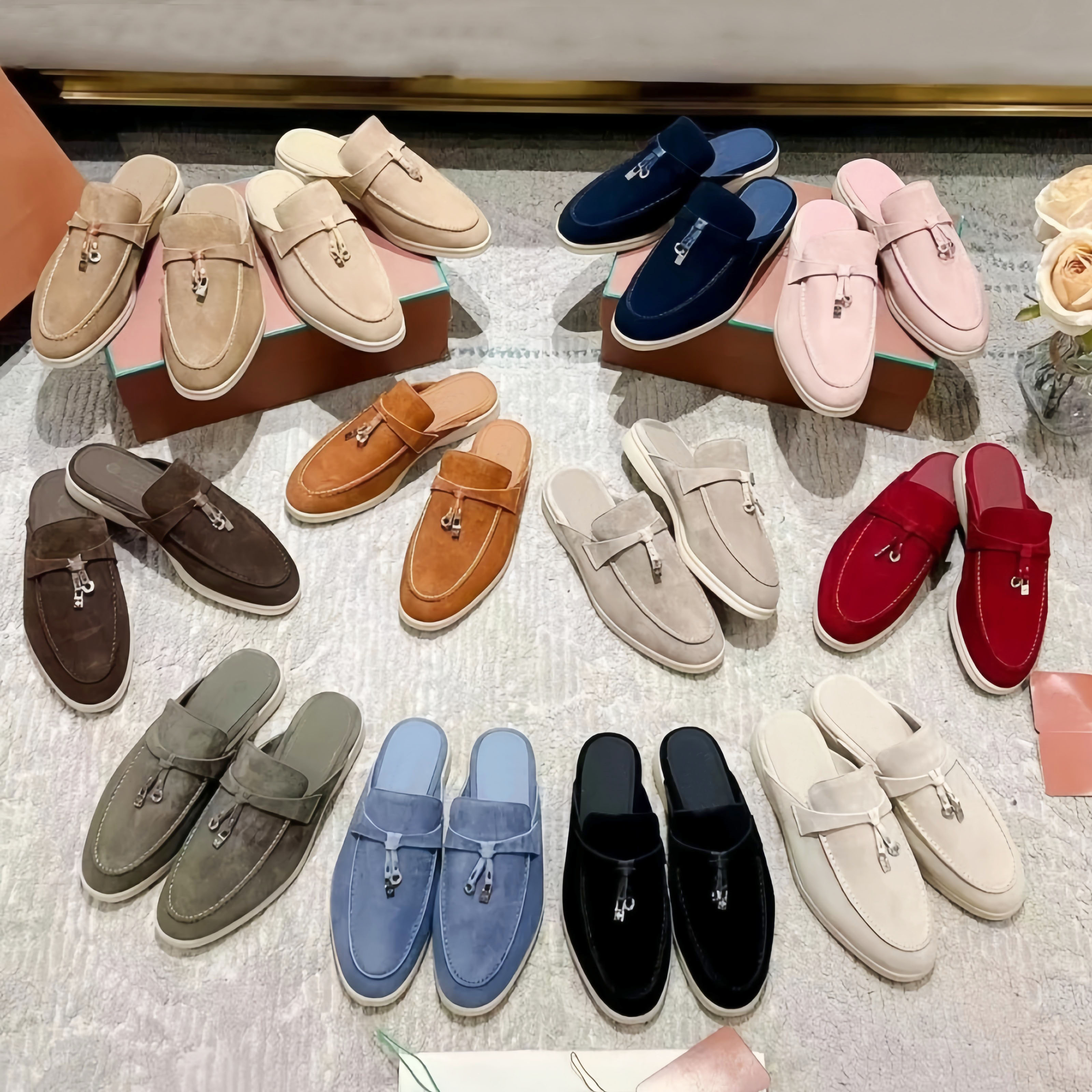 Womens Mens Loafers Designer shoes summer slipper Cashmere Top Quality Deerskin Metal Buttons Loafers Designers Buckle Round Toes Flat Heel slipper