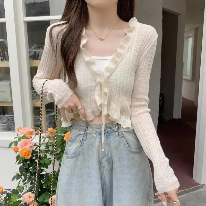 Summer 2025 Sweet Lace Tie n Knitted Long Sleeve Womens Cardigan Shawl Top Elegant Casual Fashion Chinese Origin 260516BJ