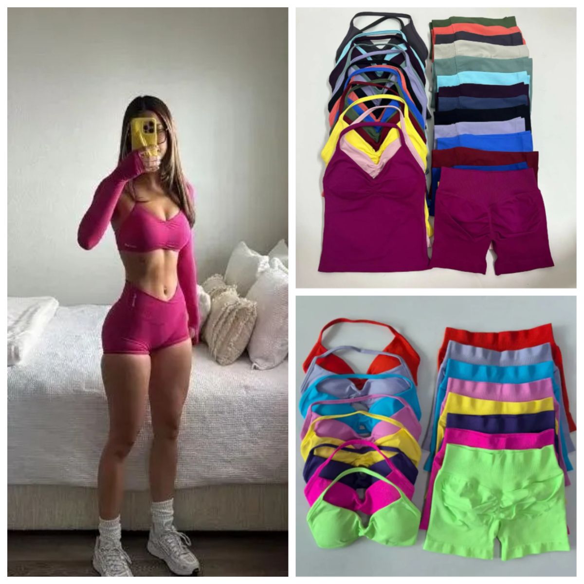 Dfyned Sport Set 2 Pieces Seamless Yoga Set Halter Bra Top High Waist Workout Scrunch Shorts Summer Fitness Clothes Gym Suit Outfit Active Wear-image-1102586355
