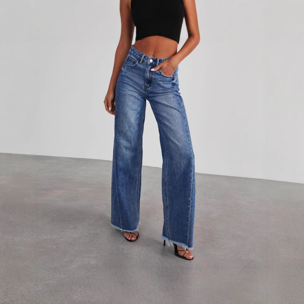 New Fashion Women's High Waist Mid Wash Wide Leg Jeans Frayed Raw Hem Denim Pants 10