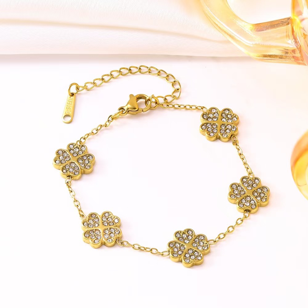 French-style exquisite and elegant full-diamond heart-shaped four-leaf clover titanium bracelet for women-image-1106401196