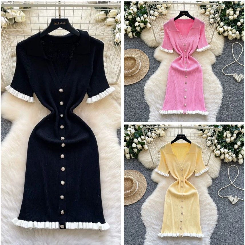 CNLONGBIDA Robes décontractées de créateur Automne Hiver Mode française Vieil argent Robe en tricot à manches longues Femmes Col en V Robe Mini U