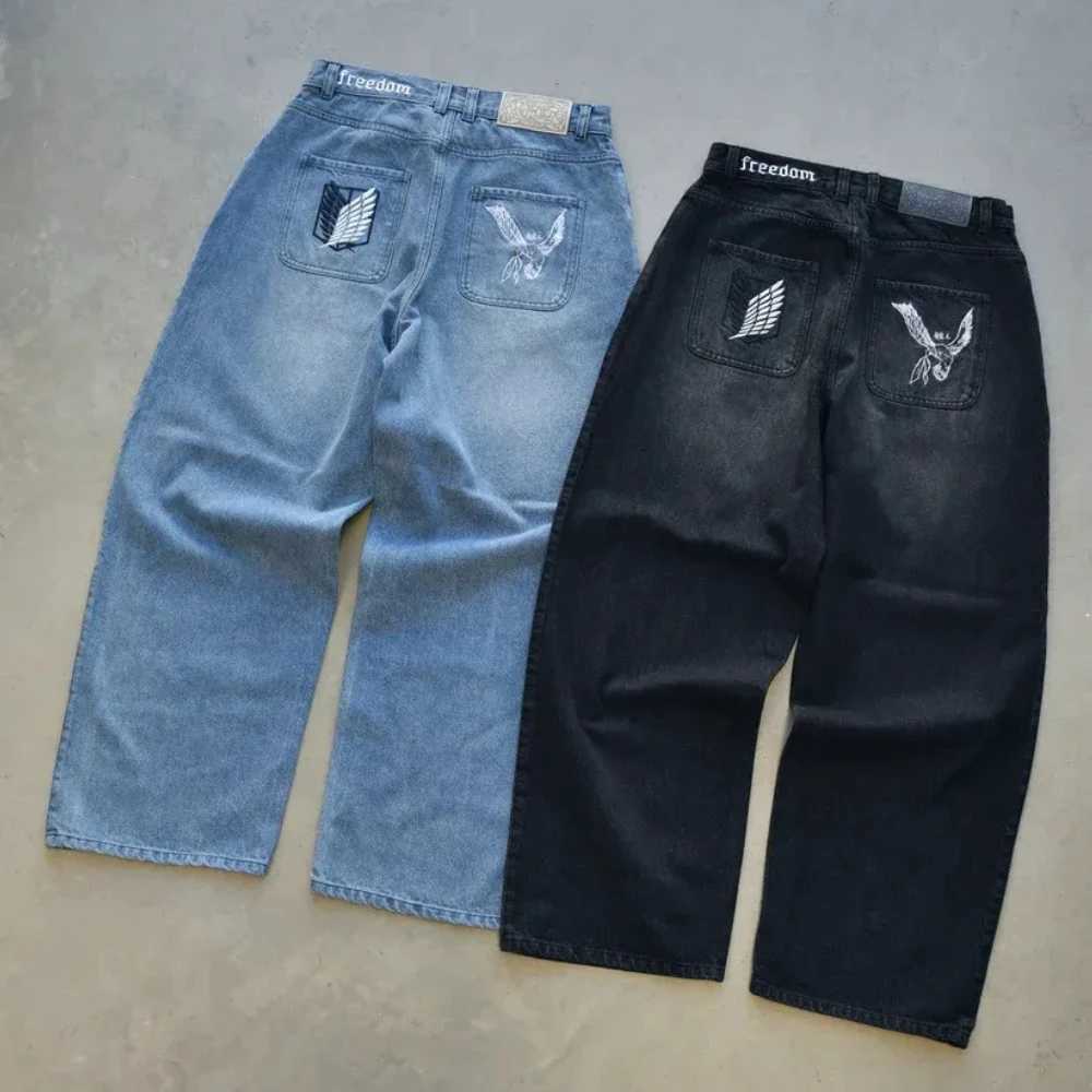 Y2K Japanese AOT Freedom Wings Embroidery Jeans Men Women Wide Leg High Waist Denim Pants Wings of Liberty Patch Blue Black Jean Q260516