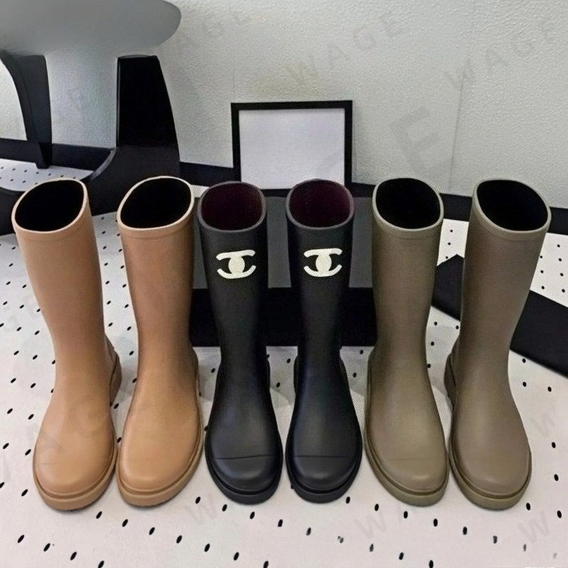 Designer Quality Brand Women's Rubber Rain Boots High Thick Sole Ankle Booties Winter Square Round Toe Women Black White Dark Beige Khaki Shoes