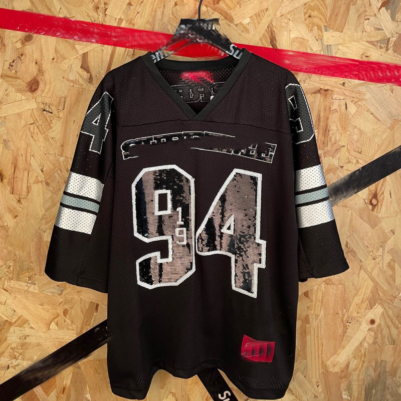 SS26 T-shirt respirant noir Patchwork maillot Football lettre ample numéro course épissage manches courtes col rond rayure Spiderweb Jersey CP157