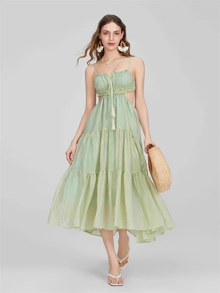 Summer Women Flowy Long Dress Spaghetti Strap Cut Out Backless Ruffle A-line Dress Bohemian Party Holiday Casual Sundress 260516BJ