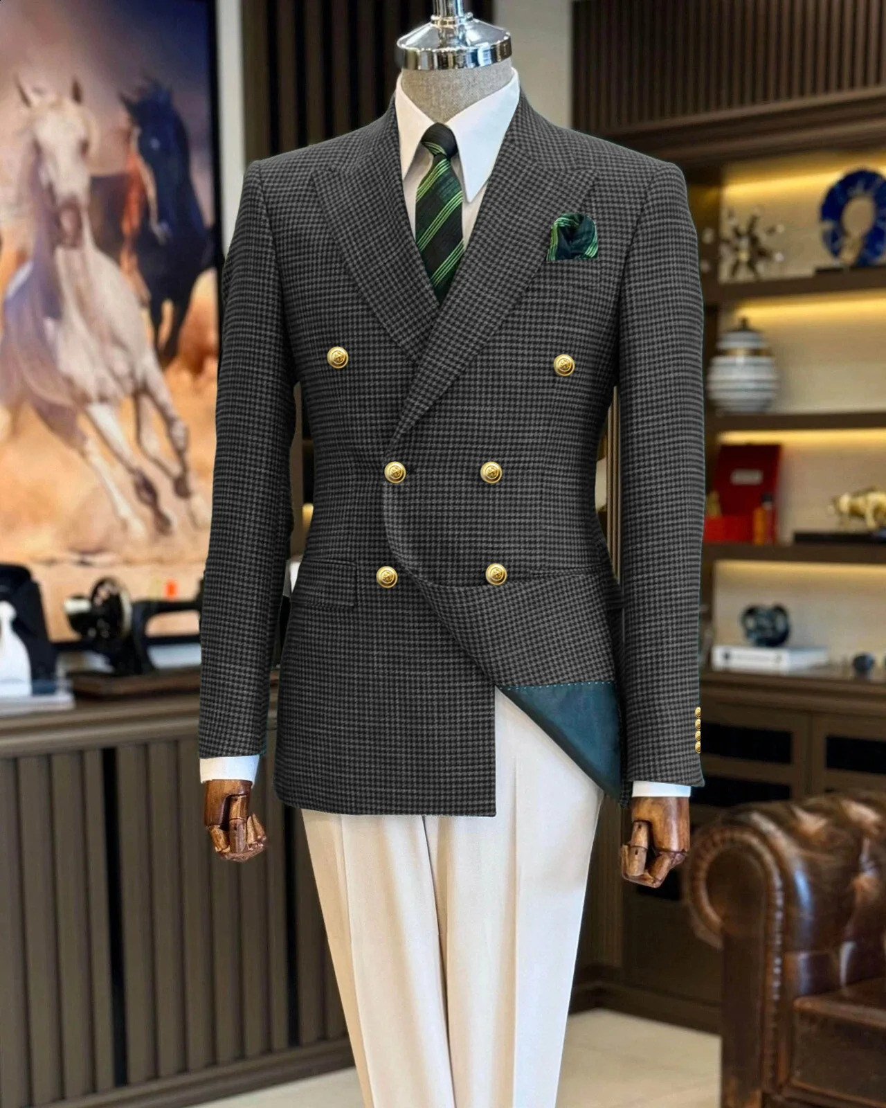Black Mens Suit Jacket Houndstooth Lapel Double Breasted Business Regular Fit Blazer Man plus size custom suit Coat 260515BANJIA