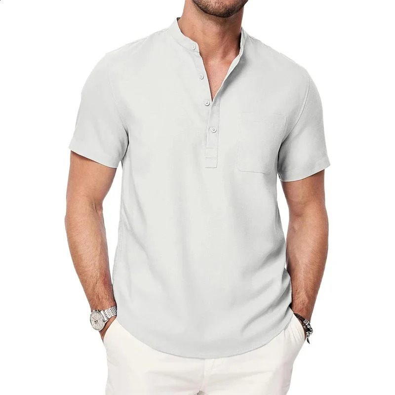 Mens Henley Neck T-shirt Cotton Linen Button Pocket Tees Casual Short Sleeve Vacation Beach Style Solid Color Lightweight Tops 260516BJ